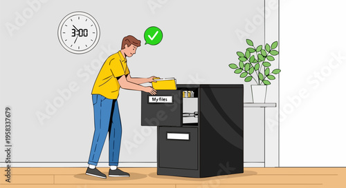 Man Organizing Documents in Filing Cabinet Vector Illustration for Office Productivity and Management