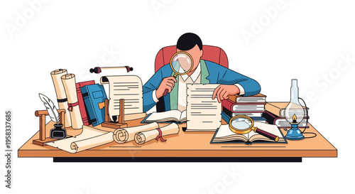Man meticulously examining documents with magnifying glass at desk.