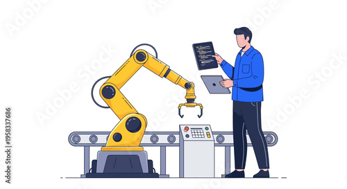 Man Operating Robotic Arm on Assembly Line.