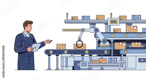 Man overseeing automated factory production line with robotic arm.