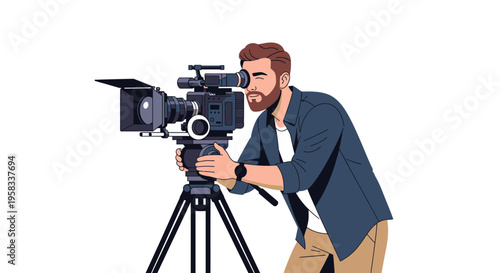 Man Operating Professional Video Camera on Tripod.