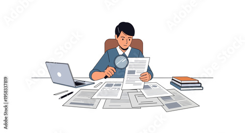 Man Examining Documents with Magnifying Glass at Desk.