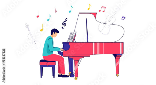 Man playing a grand piano with musical notes floating around.