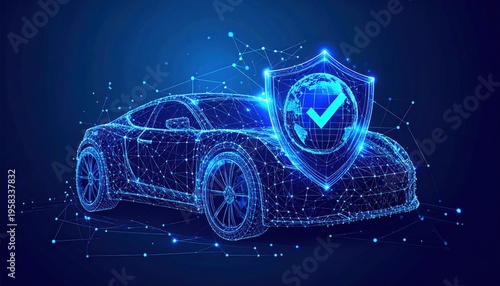 Futuristic Car Insurance Concept with Shield and Global Checkmark.