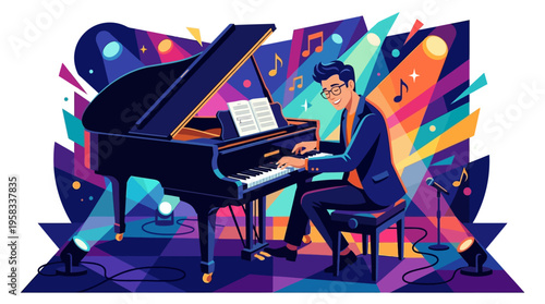 Man Playing Grand Piano on Stage with Spotlight.