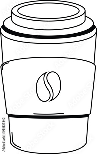A black illustration of a coffee cup with a coffee bean on the sleeve