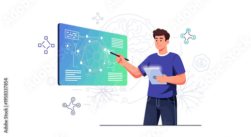 Man pointing at digital screen with data visualization.