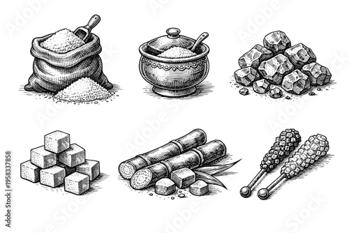 Vintage engraved sugar collection in black and white sweet ingredient illustration style
