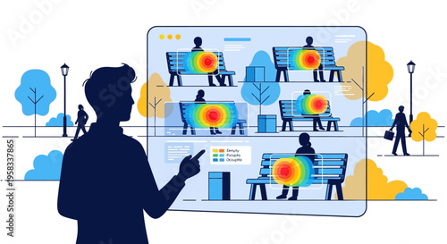 Man pointing at screen showing heatmap data analysis.
