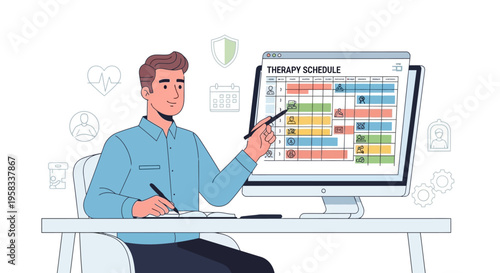 Man pointing at therapy schedule on computer screen.