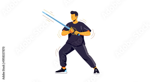 Man practicing fencing sport with sword in active pose.