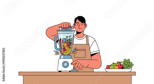 Man preparing healthy smoothie in blender with fresh fruits.