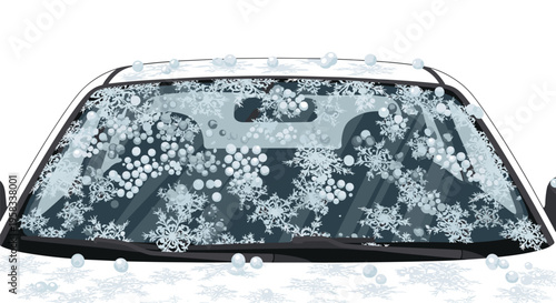 A white car's windshield is heavily covered with a dense pattern of white snowflakes and round snowballs.