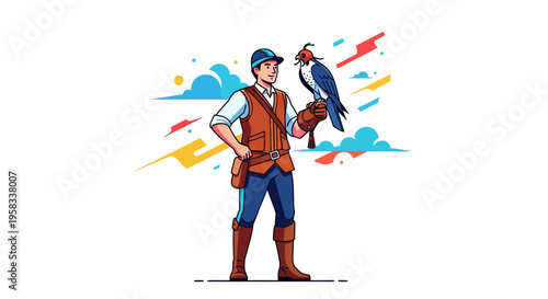 Man falconer holding a bird of prey on his gloved hand.