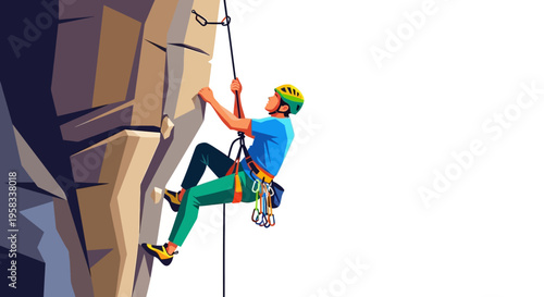 Man Rock Climbing Ascending Steep Cliff Face.