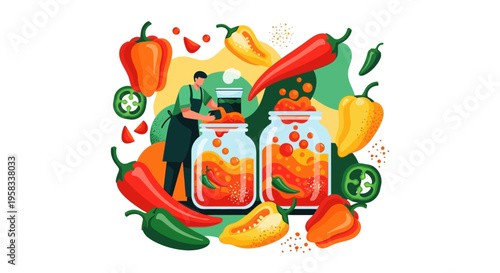 Man Preserving Spicy Peppers in Jars for Healthy Food.