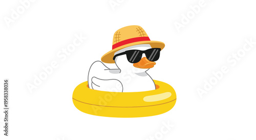 A white cartoon duck, wearing a straw hat and black sunglasses, floats in a bright yellow inflatable inner tube on a white background.