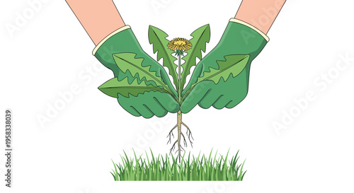 Two green-gloved hands actively pull a large dandelion weed with its roots from a patch of green grass on a white background.