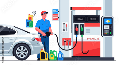 Man Filling Car With Fuel At Gas Station.