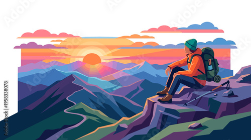 Man sitting on mountain peak watching sunrise.