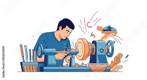 Man skillfully operating a wood lathe machine.