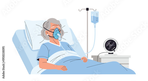 An elderly woman in a light blue hospital bed wears an oxygen mask, with an IV drip and a medical monitor beside her.