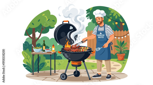 Man grilling food on barbecue in backyard.