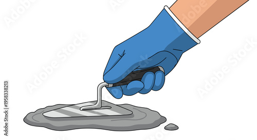 A blue-gloved hand uses a trowel to spread a small pile of grey cement on a white surface.