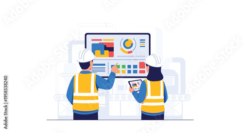 Two factory workers in hard hats and safety vests analyze data on a large digital screen in an industrial setting.