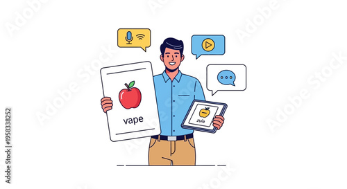 Man teaching with digital devices and flashcards.