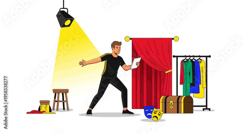 Man on stage ready for performance under spotlight.