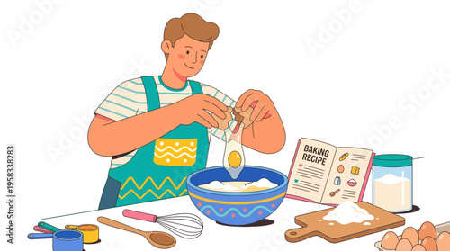 Man happily baking a cake following a recipe book.