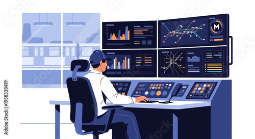 Man working in a modern control room with multiple screens.