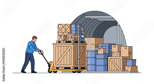 Man operating a pallet jack with cargo.