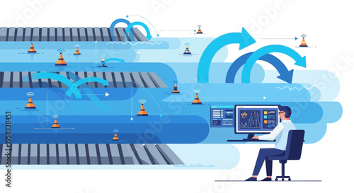 Man working on computer analyzing data flow.