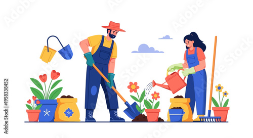 Man and woman gardening together planting flowers.