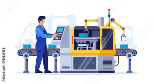 Man operating advanced automated manufacturing machine with robotic arm.