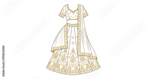 A detailed line art illustration of an Indian lehenga choli with intricate patterns is displayed on a plain white background.