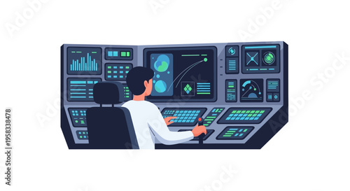 Man operating advanced control panel with multiple screens.