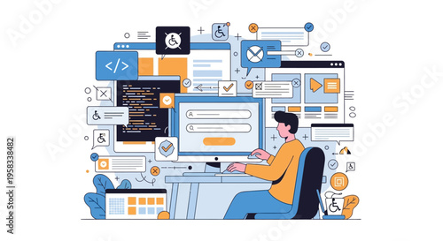 Man working on computer with coding and data visualization elements.