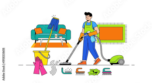 Man vacuuming and cleaning living room with supplies.