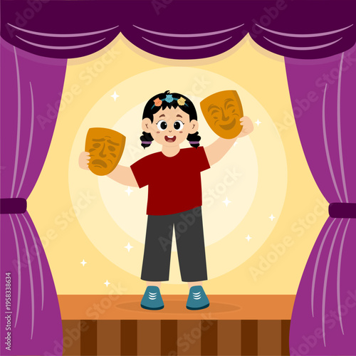 cute little girl playing sad and happy role masks on stage, flat design