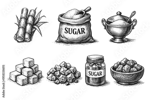 Vintage engraved sugar collection in black and white sweet ingredient illustration style