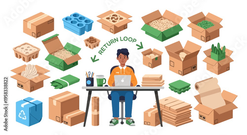 Man working on laptop surrounded by cardboard boxes.