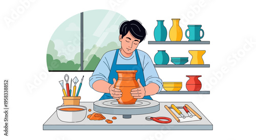 Man skillfully shaping clay on a pottery wheel.