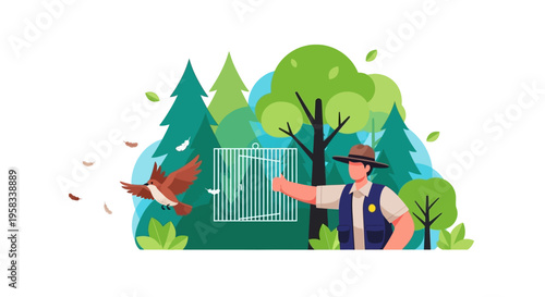 Man Releasing Bird From Cage Into Nature.