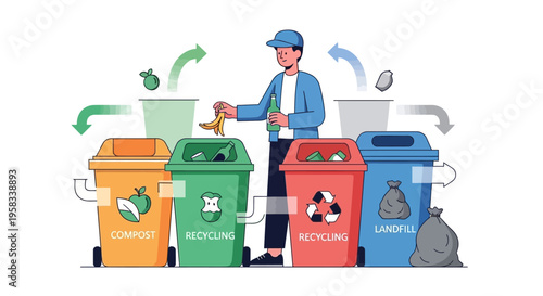Man sorting waste into different recycling bins.