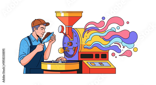 Man smelling coffee beans near roasting machine with colorful steam.
