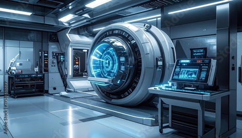 Futuristic laboratory with advanced technology and a large portal device.