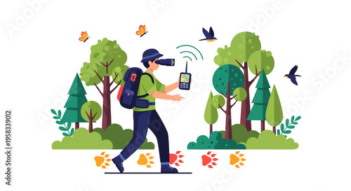 Man wearing VR headset exploring nature with technology.